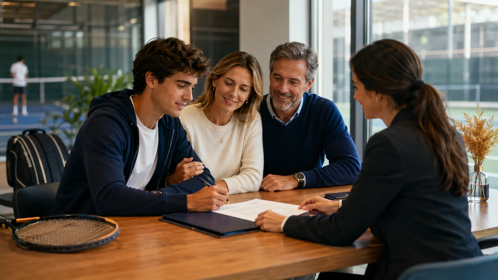 Tenista joven revisando un contrato junto a su familia